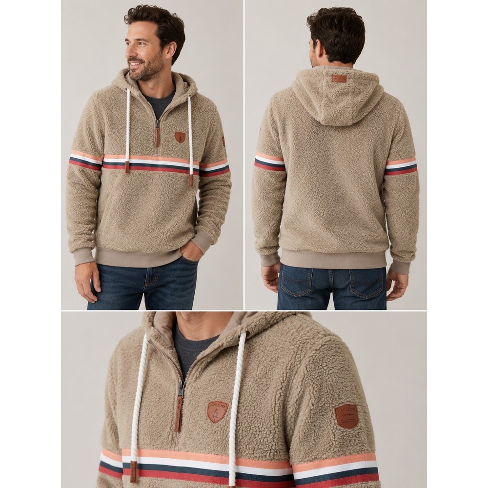 Wanakome Zeus Oatmeal Sherpa Hoodie Jacket 1/4 zip Size Med Wool Blend Outdoor